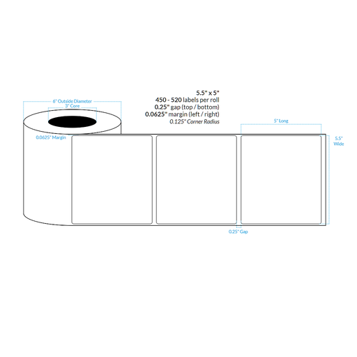 [103548-3X6-HGB-151-1000000] 5.5" X 5" PREMIUM HIGH GLOSS WHITE Polypropylene BOPP {ROUNDED CORNERS} Roll Labels (3"CORE/6"OD)