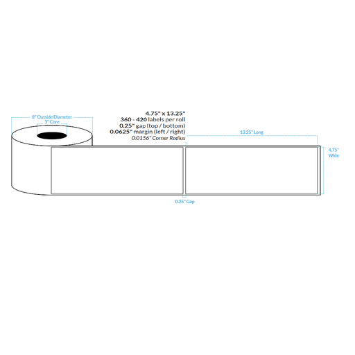 [102215-3X8-HGWP-110-1000000] 4.75" x 13.25" HIGH GLOSS WHITE PAPER {SQUARE CORNERS} Roll Labels (3"CORE/8"OD)