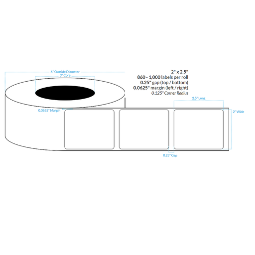 [100713-3X6-HGB-182-1000000] 2" x 2.5" HIGH GLOSS WHITE Polypropylene BOPP {ROUNDED CORNERS} Roll Labels  (3"CORE/6"OD)