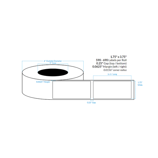 [101015-3X6-MWB-130-1000000] 1.75" x 3.75" MATTE WHITE Polypropylene BOPP {RECTANGLE} Roll Labels  (3"CORE/6"OD)
