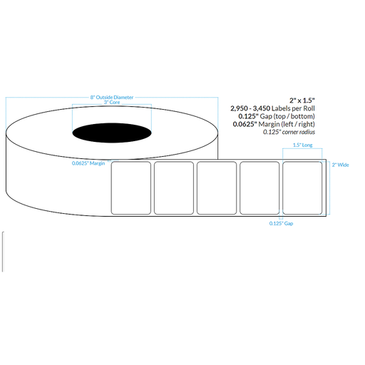 [100080-3X8-MWB-129-1000000] 2" x 1.5"  MATTE WHITE Polypropylene BOPP {ROUNDED CORNERS} Roll Labels  (3"CORE/8"OD)