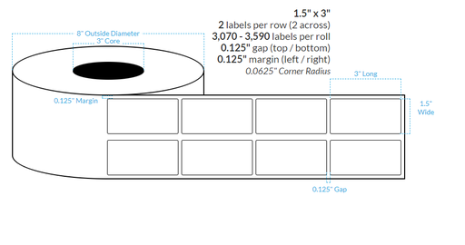 [104046-3X8-HGB-110-2000000] 1.5" x 3" HIGH GLOSS WHITE Polypropylene BOPP {ROUNDED CORNERS} Roll Labels (3"CORE/8"OD)