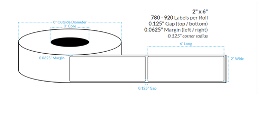 [100458-3X8-HGB-110-1000000] 2" x 6" HIGH GLOSS WHITE Polypropylene BOPP {ROUNDED CORNERS} Roll Labels (3"CORE/8"OD)