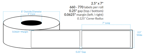 [100064-3X8-HGB-141-1000000] 2.5" x 7" HIGH GLOSS WHITE POLYPROPYLENE BOPP {ROUNDED CORNERS} Roll Labels (3"CORE/8"OD)