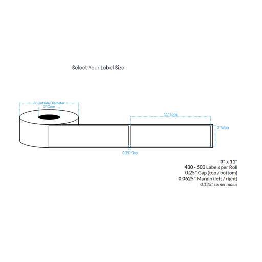 [100899-3X8-HGB-110-1000000] 3" x 11"  HIGH GLOSS WHITE Polypropylene BOPP {ROUNDED CORNERS} Roll Labels (3"CORE/8"OD)