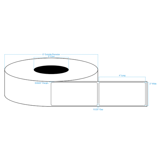 [100805-3X8-MWB-129-1000000] 4" x 2" 1 ACROSS  MATTE WHITE POLYPROPYLENE (BOPP) {ROUNDED CORNERS} Roll Labels  (3"CORE/8"OD)