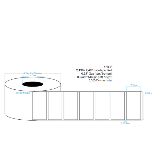 [100257-3X8-HGB-160-1000000] 4" x 2" HIGH GLOSS WHITE Polypropylene BOPP {SQUARE CORNERS} Roll Labels (3"CORE/8"OD)
