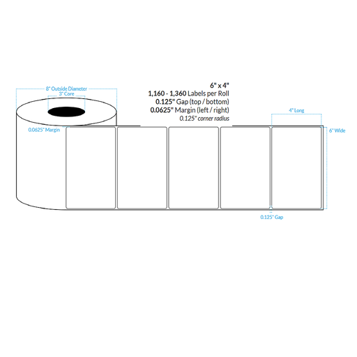 [100685-3X8-MWP-181-1000000] 6" X 4" MATTE WHITE PAPER {ROUNDED CORNERS} Roll Labels  (3"CORE/8"OD)