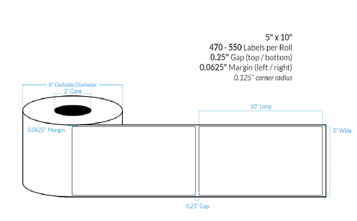[100105-3X8-HGB-182-1000000] 5" x 10" HIGH GLOSS WHITE Polypropylene BOPP {ROUNDED CORNERS} Roll Labels  (3"CORE/8"OD)