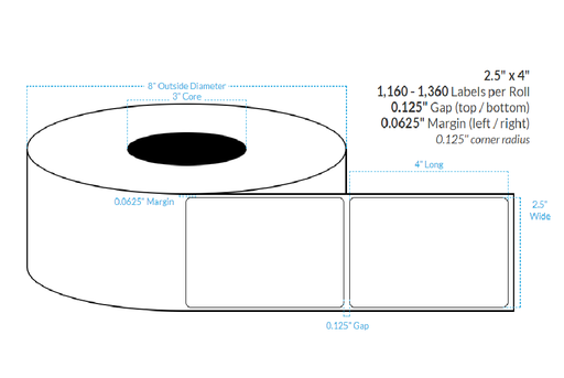 [100659-3X8-HGB-182-1000000] 2.5" x 4" HIGH GLOSS WHITE Polypropylene  BOPP {ROUNDED CORNERS} Roll Labels (3"CORE/8"OD)