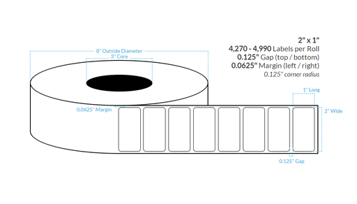 [102455-3X8-HGB-129-1000000] 2" x 1" HIGH GLOSS WHITE Polypropylene BOPP {SQUARE CORNERS} Roll Labels (3"CORE/8"OD)