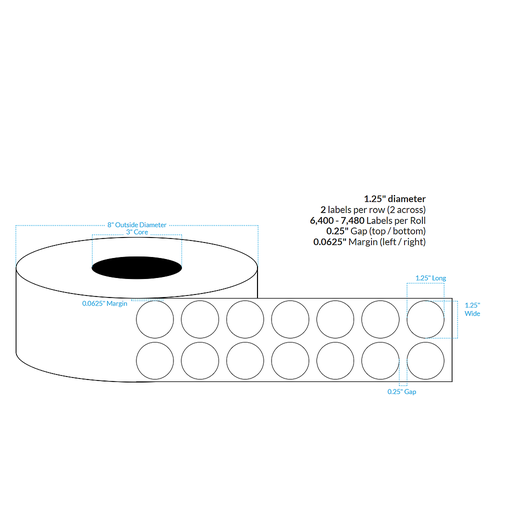 [100333-3X8-SSH-129-2100000] 1.25" 2 ACROSS SMOOTH SILVER HOLOGRAPHIC {CIRCLE} Roll Labels w/Timing Marks  (3"CORE/8"OD)