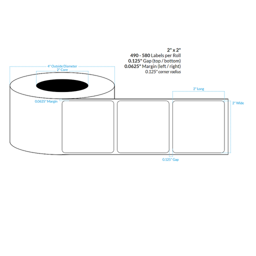 [100707-2X4-HGB-195-1000000] 2" x 2"  HIGH GLOSS WHITE Polypropylene BOPP {ROUNDED CORNERS} Roll Labels  (2"CORE/4"OD)