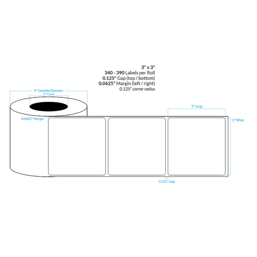 [100603-2X4-HGB-195-1000000] 3" x 3" HIGH GLOSS WHITE Polypropylene BOPP {ROUNDED CORNERS} Roll Labels  (2"CORE/4"OD)