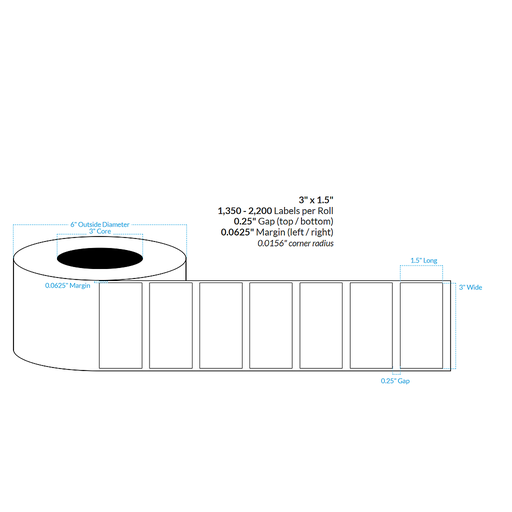 [101852-3X6-HGB-113-1000000] 3" x 1.5" HIGH GLOSS WHITE Polypropylene BOPP {SQUARE CORNERS} Roll Labels  (3"CORE/6"OD)