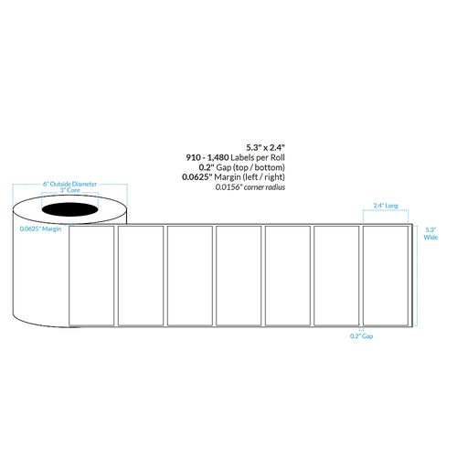 [101303-3X6-HGB-113-1000000] 5.3" X 2.4" HIGH GLOSS WHITE Polypropylene BOPP {SQUARE CORNERS} Roll Labels  (3"CORE/6"OD)