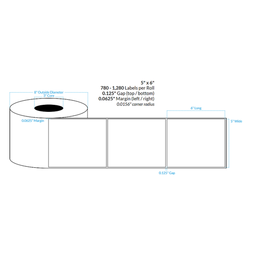 [102751-3X8-HGB-182-1000000] 5" x 6" HIGH GLOSS WHITE Polypropylene BOPP {SQUARE CORNERS} Roll Labels  (3"CORE/8"OD)