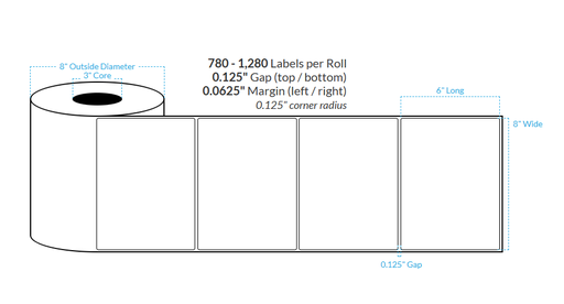 [100755-3X8-HGB-184-1000000] 8" x 6" HIGH GLOSS WHITE Polypropylene BOPP {ROUNDED CORNERS} Roll Labels (3"CORE/6"OD)