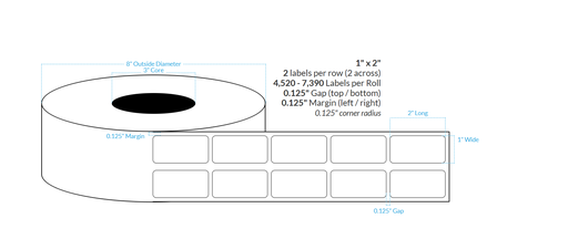 [101577-3X8-MWB-129-2000000] 1" x 2" 2-ACROSS MATTE WHITE Polypropylene BOPP {ROUNDED CORNERS} Roll Labels  (3"CORE/8"OD)