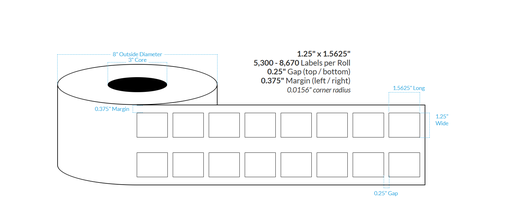 [101336-3X8-HGB-129-2000000] 1.25" x 1.5625" 2-ACROSS HIGH GLOSS WHITE Polypropylene BOPP {SQUARE CORNERS} Roll Labels  (3"CORE/8"OD)