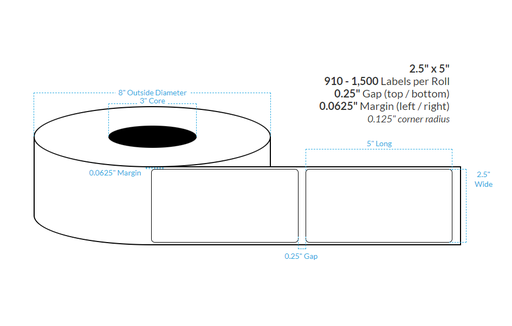 [100338-3X8-R32-184-1000000] 2.5" x 5" HIGH GLOSS WHITE Polypropylene BOPP EXTREME TACK {SQUARE} Roll Labels  (3"CORE/8"OD)