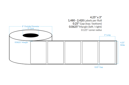 [103955-3X8-HGB-138-1000000] 4.25" x 3" HIGH GLOSS WHITE Polypropylene BOPP {ROUNDED CORNERS} Roll Labels (3"CORE/8"OD)