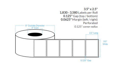 [104916-3X8-MWB5609-182-1000000] 3.5" x 2.5" MATTE WHITE Polypropylene PERFORATED (BOPP) {ROUNDED CORNERS} Roll Labels  (3"CORE/8"OD)