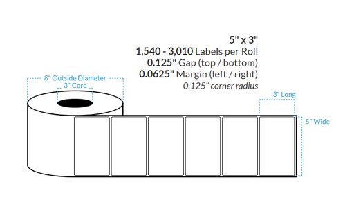 [100810-3X8-MWB5609-182-1000000] 5" x 3" MATTE Polypropylene BOPP {ROUNDED CORNERS} Roll Labels (3"CORE/8"OD) (copy)