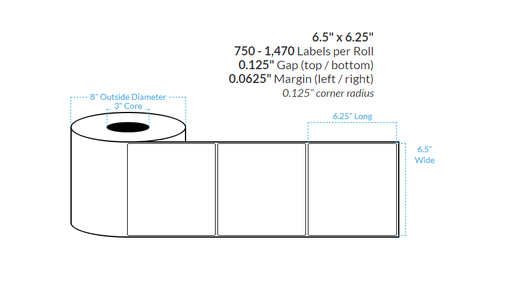 [103065-3X8-R483-182-1000000] 6.5" X 6.25" MATTE WHITE BOPP Polypropylene {ROUNDED CORNERS} Roll Labels  (3"CORE/8"OD)