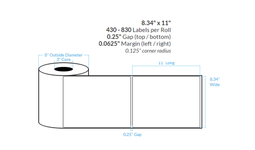 [103506-3X8-R483-182-1000000] 8.34" X 11" MATTE WHITE Polypropylene BOPP {ROUNDED CORNERS} Roll Labels  (3"CORE/8"OD)