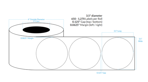 [100335-3X6-HGB-151-1000000] 3.5" HIGH GLOSS WHITE Polypropylene BOPP {CIRCLE} Roll Labels (3"CORE/6"OD)