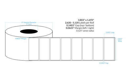 [100277-3X8-SaB-184-1000000] 3.803" x 1.693" SATIN Polypropylene BOPP {ROUNDED CORNERS} Roll Labels (3"CORE/8"OD)