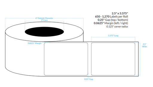 [101476-3X6-SaB-184-1000000] 2.5" x 3.375" SATIN Polypropylene BOPP {ROUNDED CORNERS} Roll Labels (3"CORE/6"OD)