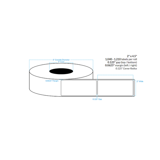 [101071-3X8-SAB-161-1000000] 2" x 4.5" SATIN Polypropylene BOPP {ROUNDED CORNERS} Roll Labels  (3"CORE/8"OD)