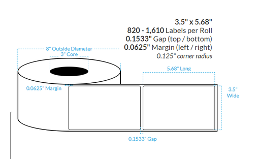 [000000-3X8-MWB5609-182-1000000] 3.5" x 5.68"  MATTE WHITE Polypropylene BOPP {ROUNDED CORNERS} Roll Labels  (3"CORE/8"OD)