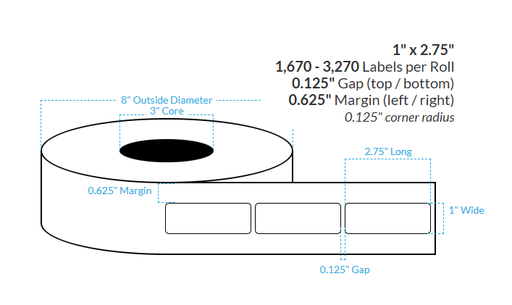 [103830-3X8-MWB5609-182-1000000] 1" X 2.75" MATTE Polypropylene BOPP {ROUNDED CORNERS} Roll Labels  (3"CORE/8"OD)