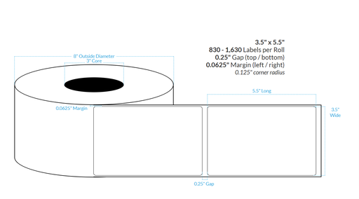 [100758-3X8-MWB5609-182-1000000] 3.5" x 5.5" MATTE Polypropylene (BOPP) {ROUNDED CORNERS} Roll Labels  (3"CORE/8"OD)