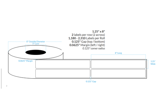 [100628-3X8-MWB5609-129-2000000] 1.25" x 8" MATTE WHITE Polypropylene BOPP {ROUNDED CORNERS} Roll Labels  (3"CORE/8"OD)