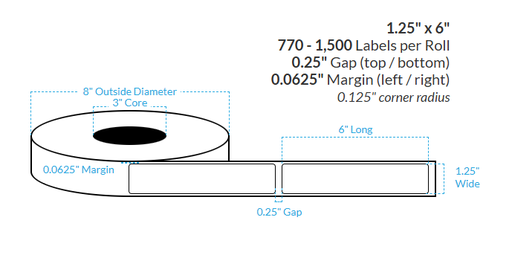 [100354-3X8-SaB-161-1000000] 1.25" x 6" SATIN Polypropylene BOPP {ROUNDED CORNERS} Roll Labels  (3"CORE/8"OD)
