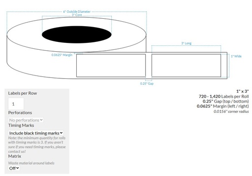 [100501-3X6-CB-151-1100000] 1" X 3" INKJET CLEAR Polypropylene BOPP {REC/SQUARE} Roll Labels  (3"CORE/8"OD)