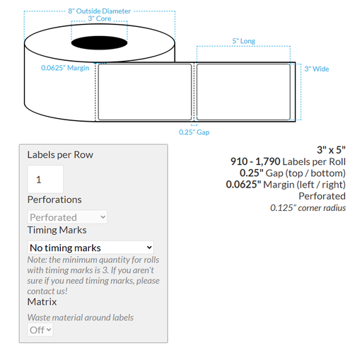 [100538-3X8-MWB5609-206-1000000] 3" X 5" MATTE WHITE BOPP PERFORATED (BS5609 CERTIFICATION) {ROUNDED CORNERS} Blank Roll Labels  (3"CORE/8"OD)
