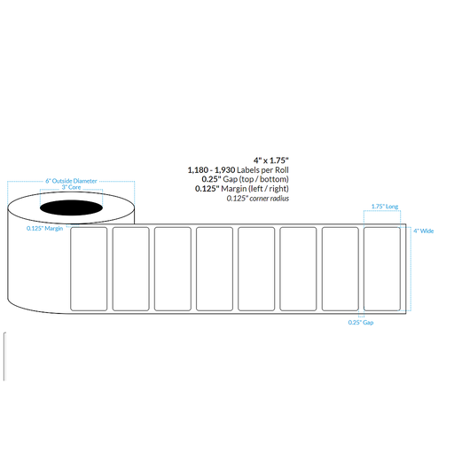 [100155-3X6-MWP-151-1000000] 4" X 1.75" MATTE WHITE PAPER {ROUNDED CORNERS} Roll Labels  (3"CORE/6"OD)