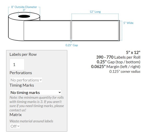 [101291-3X8-SAB-110-1000000] 5" x 12" SATIN Polypropylene BOPP {ROUNDED CORNERS} Roll Labels (3"CORE/8"OD)
